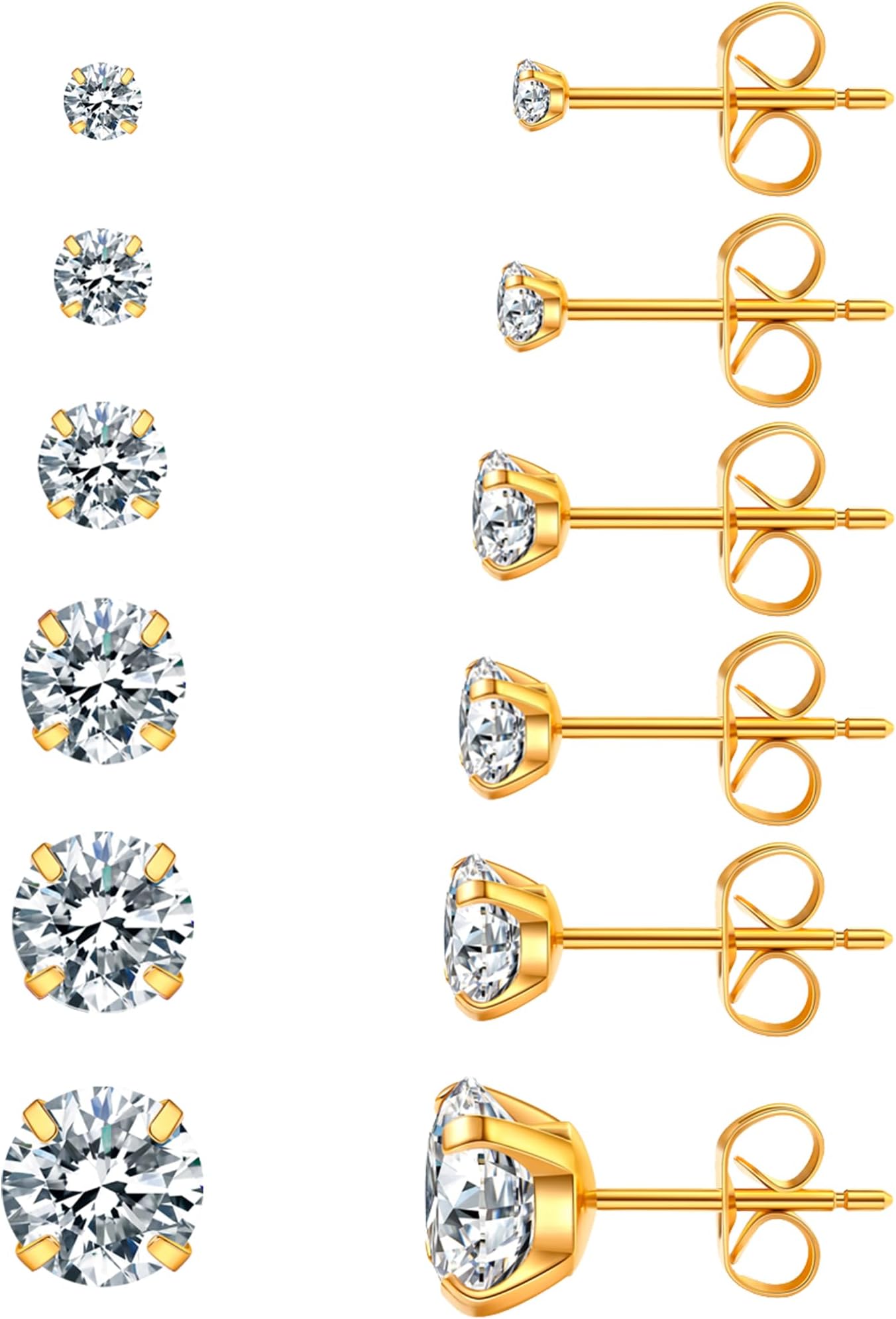 Acefun 6 Pairs Stud Earrings Set, Hypoallergenic Cubic Zirconia 316L Earrings Stainless Steel CZ Earrings 3-8mm