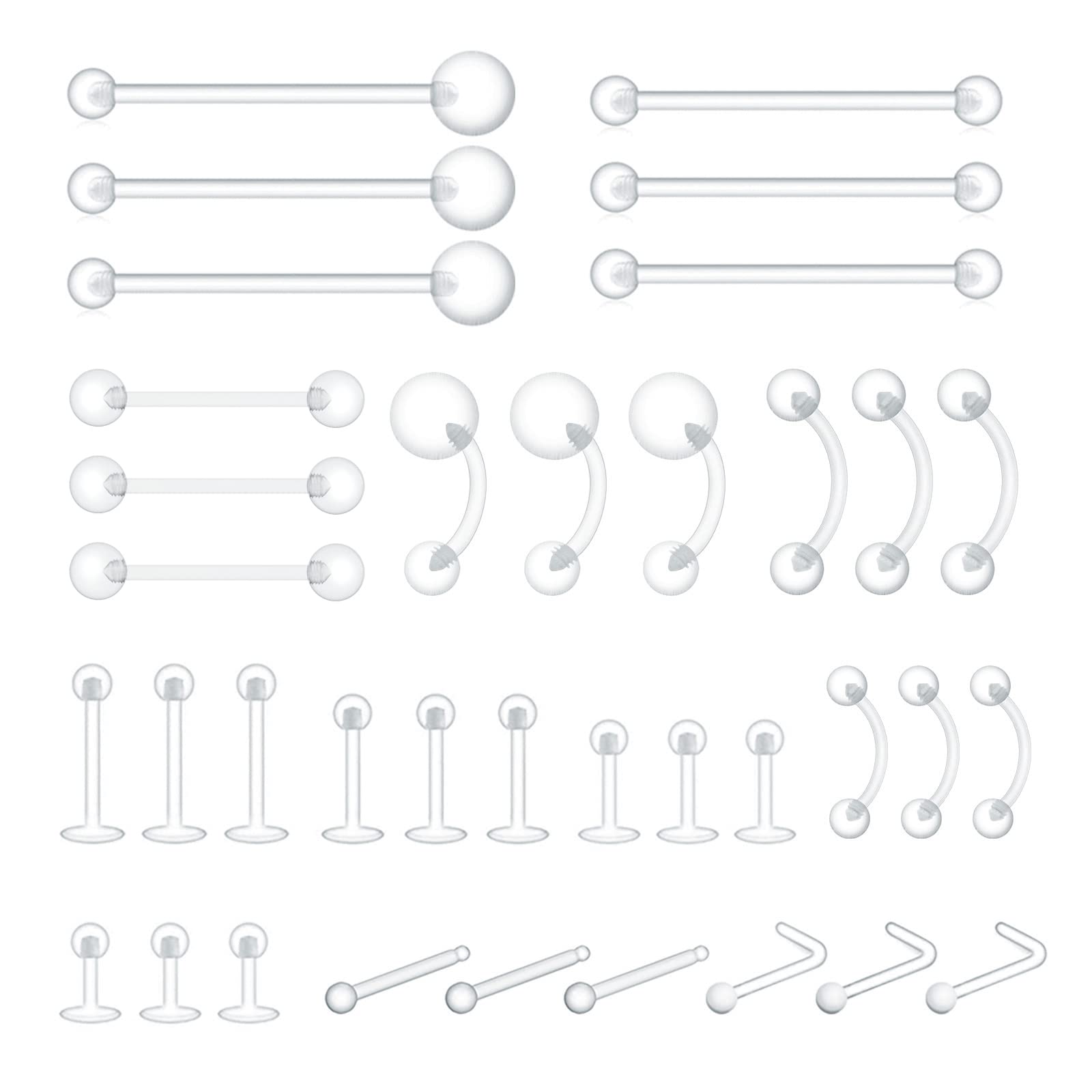 Acefun 36pcs Clear Piercing Retainers Bioflex Plastic Jewelry for Nose Septum Nipple Tongue Eyebrow Belly Earrings Tragus Helix Cartilage Industrial Lip Labret Rings Studs for Work School Sports MRI Surgery