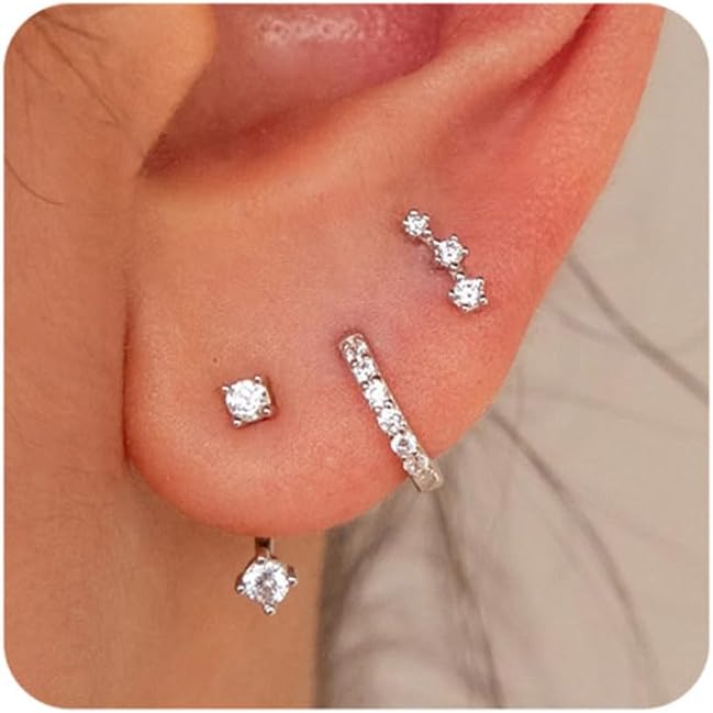 Acefun 3 Pairs Silver Hypoallergenic Earrings for Women Trendy - Stud Hoop Cartilage Earrings Set Small Earring Stacks for Sensitive Ears Non Tarnish Dainty Silver Earring