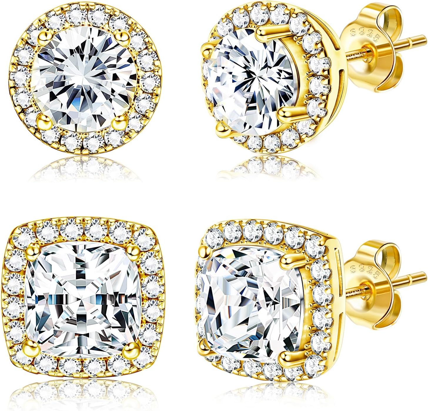 Acefun 18K Gold Plated Halo Stud Earrings Gold Cubic Zirconia Stud Earrings Round Square Diamonique Stud Earrings Set for Women Men