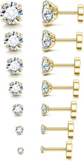Acefun 20G Hypoallergenic Flat Back Earrings for Women Men Silver 14K Gold Stainless Steel Stud Earrings Brithstone Cubic Zirconia Studs Surgical Steel Cartilage Earrings for Sensitive Ears