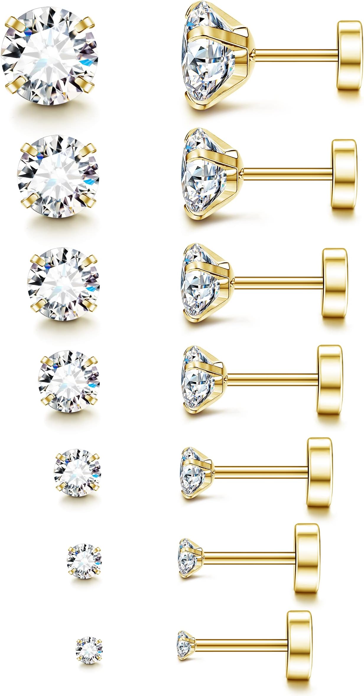 Acefun 20G Hypoallergenic Flat Back Earrings for Women Men Silver 14K Gold Stainless Steel Stud Earrings Brithstone Cubic Zirconia Studs Surgical Steel Cartilage Earrings for Sensitive Ears