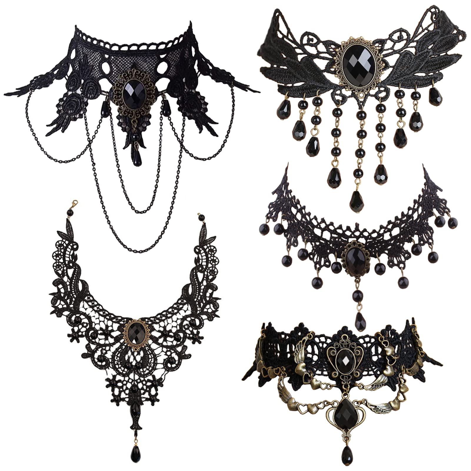 Acefun 6Pcs Black Lace Choker Necklace Set for Women Gothic Velvet Chokers Collar Necklace Halloween Gothic Cosplay Costume Jewelry Accessory