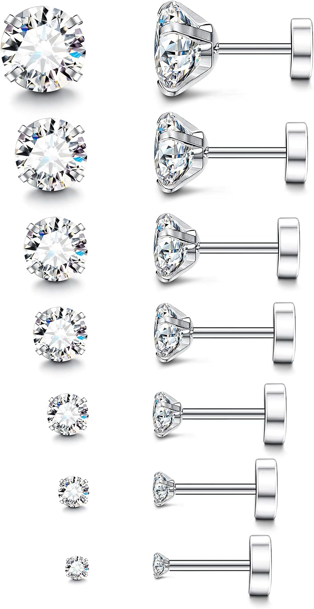 Acefun 20G Hypoallergenic Flat Back Earrings for Women Men Silver 14K Gold Stainless Steel Stud Earrings Brithstone Cubic Zirconia Studs Surgical Steel Cartilage Earrings for Sensitive Ears