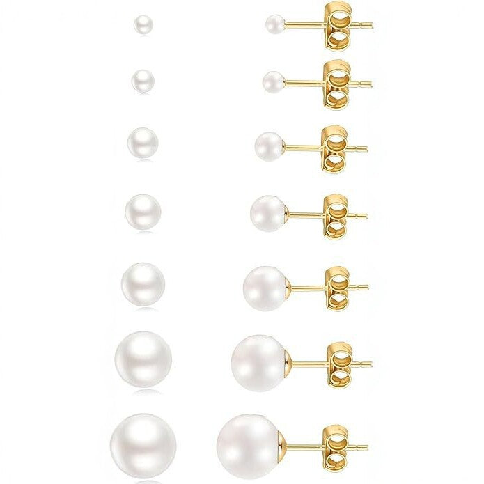 Acefun 18K Gold Plated Pearl Stud Earrings Set for Women 7 Sizes 3-10mm Hypoallergenic Pearl Earrings for Sensitive Ears Tiny to Large Pearl Studs for Daily Wear