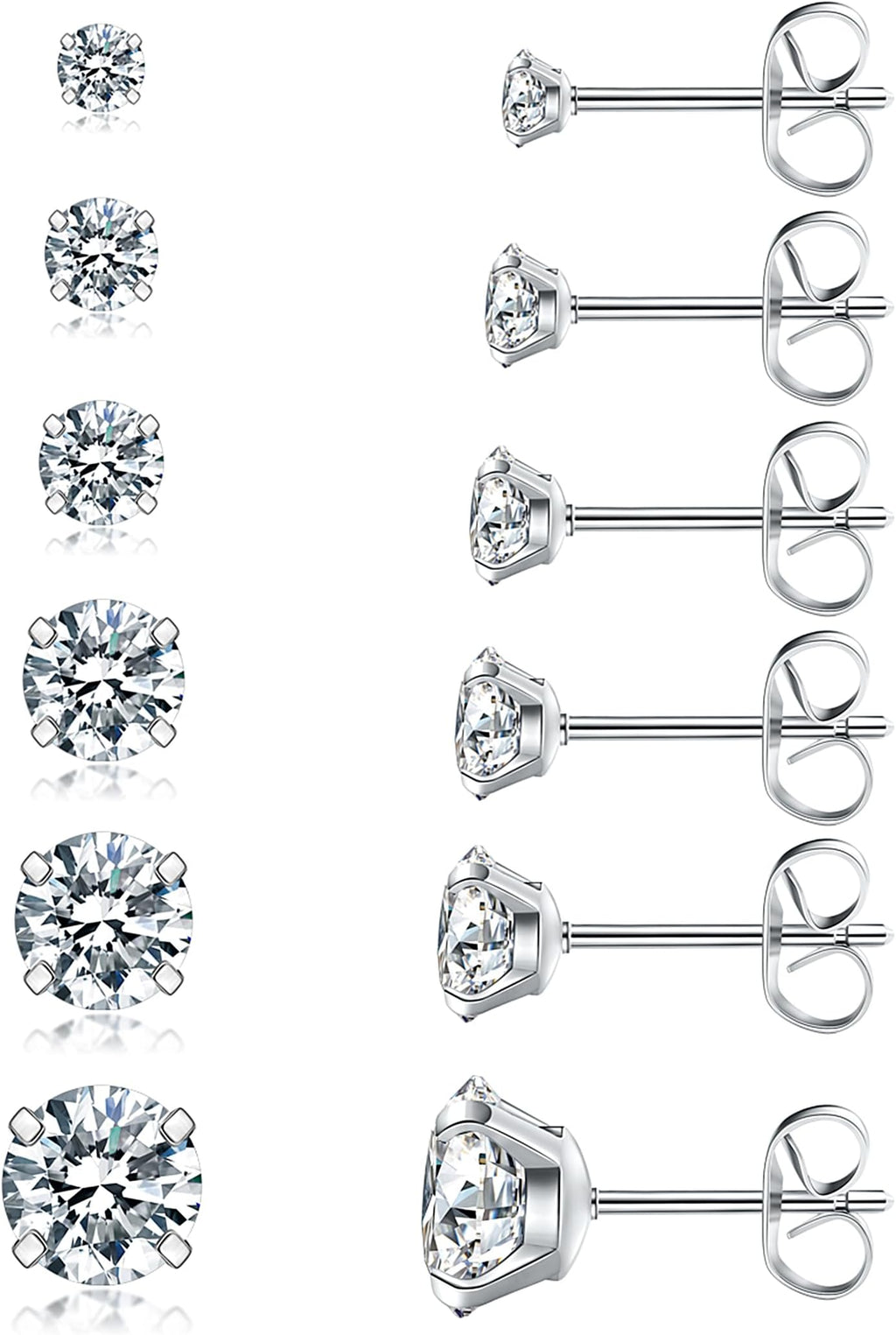 Acefun 6 Pairs Stud Earrings Set, Hypoallergenic Cubic Zirconia 316L Earrings Stainless Steel CZ Earrings 3-8mm
