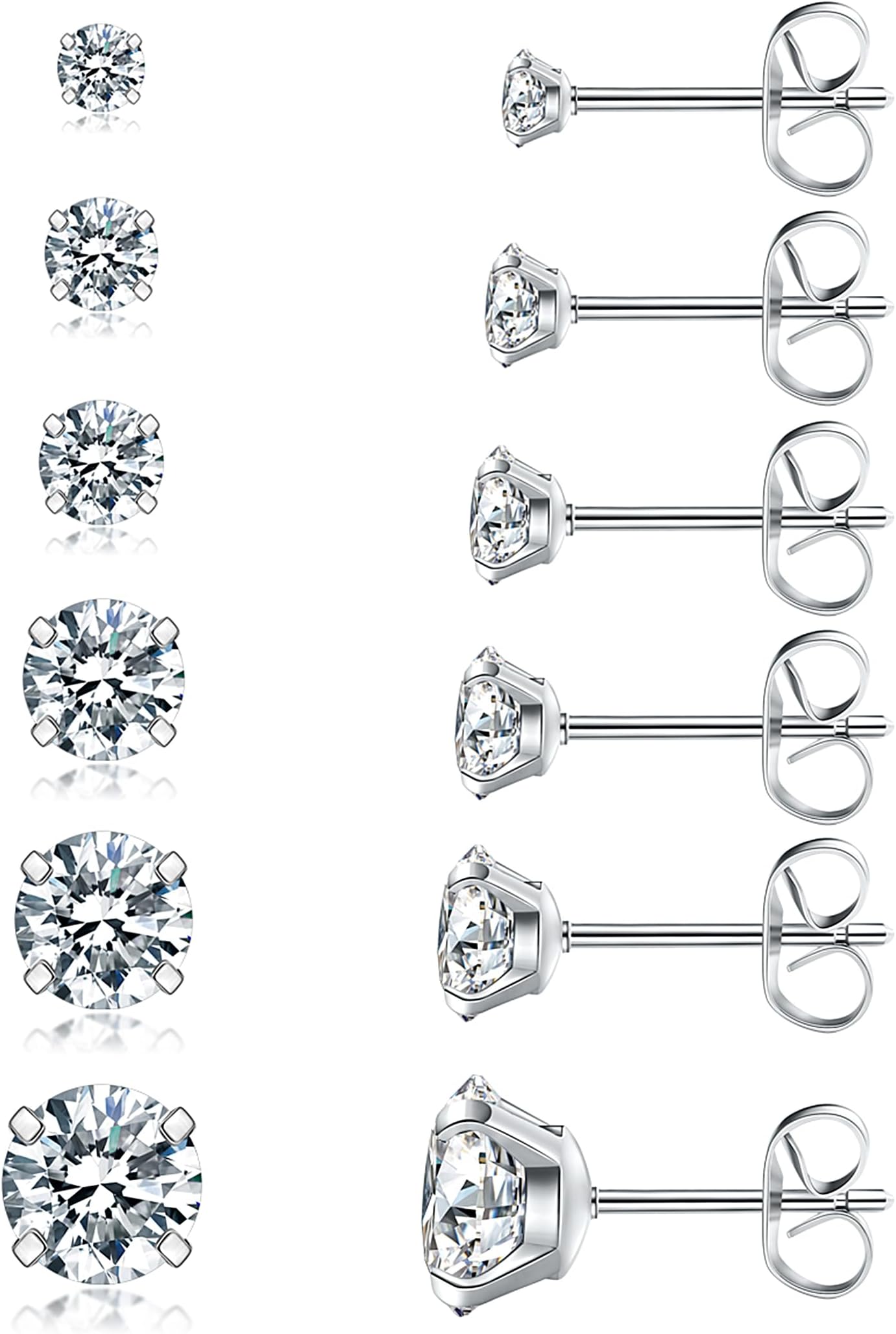 Acefun 6 Pairs Stud Earrings Set, Hypoallergenic Cubic Zirconia 316L Earrings Stainless Steel CZ Earrings 3-8mm