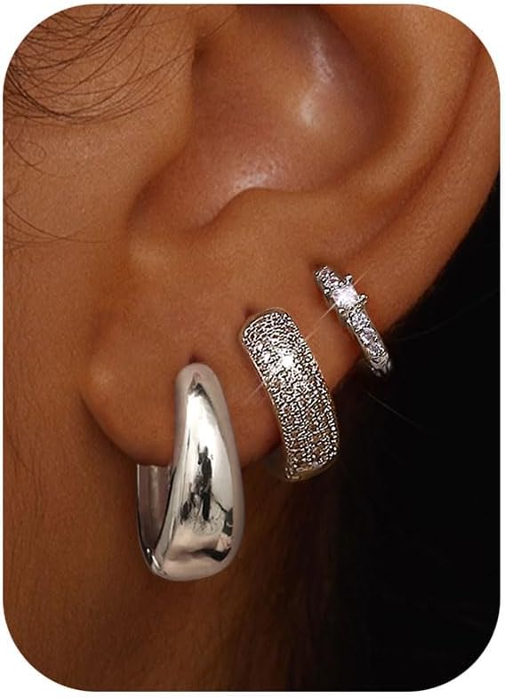 Acefun Small Gold Earring Stack Trendy Silver Earrings for Women Hypoallergenic  Cubic Zirconia Stud Hoop Non Tarnish Huggie Hoop Earrings Set for Multiple Piercing Jewelry Gift