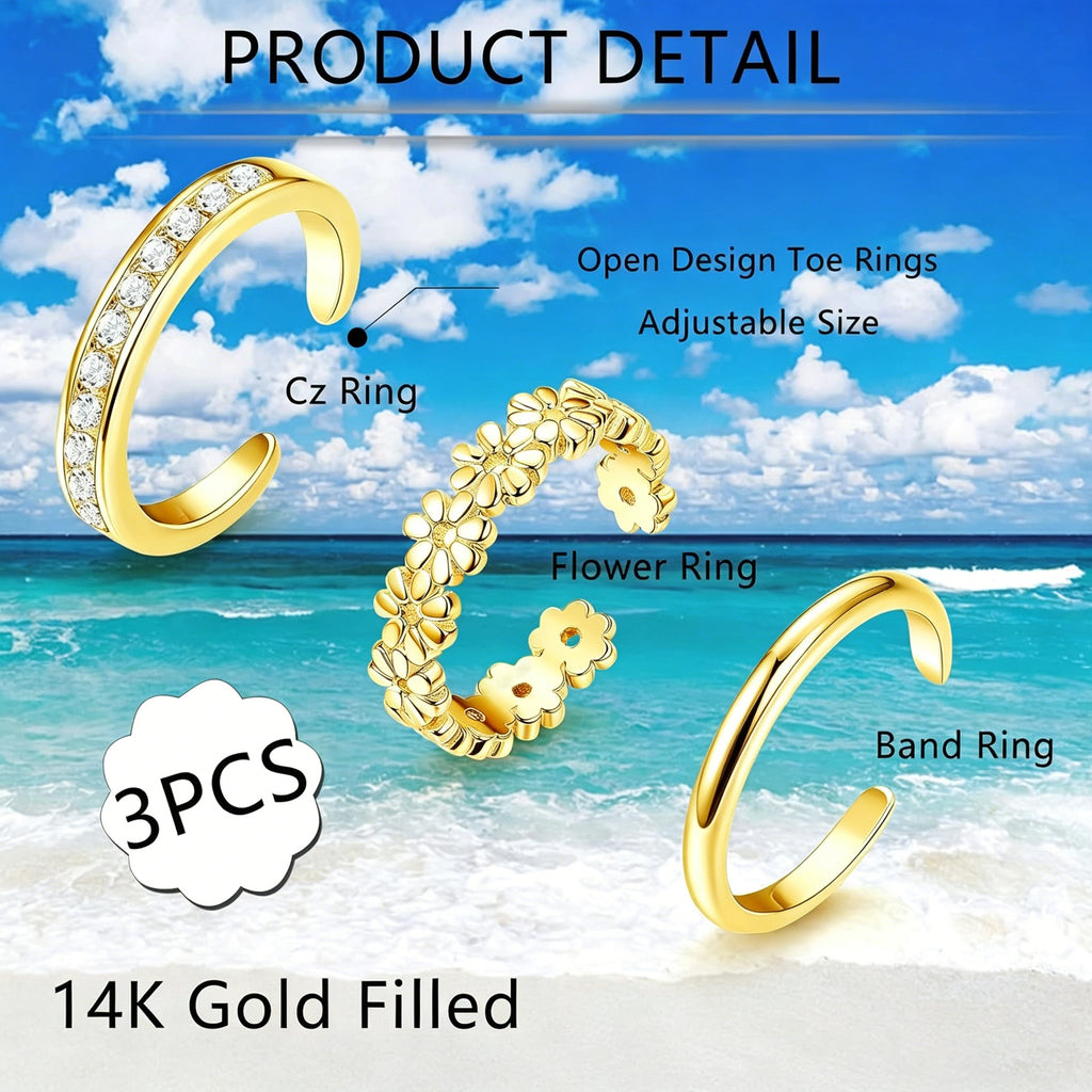 Acefun 3Pcs Gold Filled Toe Rings for Women Non Tarnish 14K Gold Filled Toe Ring Adjustable Flower Cz Dainty Toe Ring Summer Beach Open Toe Rings Set Toe Jewelry Foot Jewelry