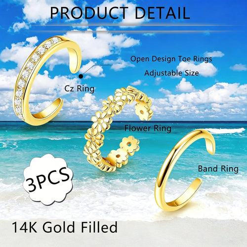Acefun 3Pcs Gold Filled Toe Rings for Women Non Tarnish 14K Gold Filled Toe Ring Adjustable Flower Cz Dainty Toe Ring Summer Beach Open Toe Rings Set Toe Jewelry Foot Jewelry