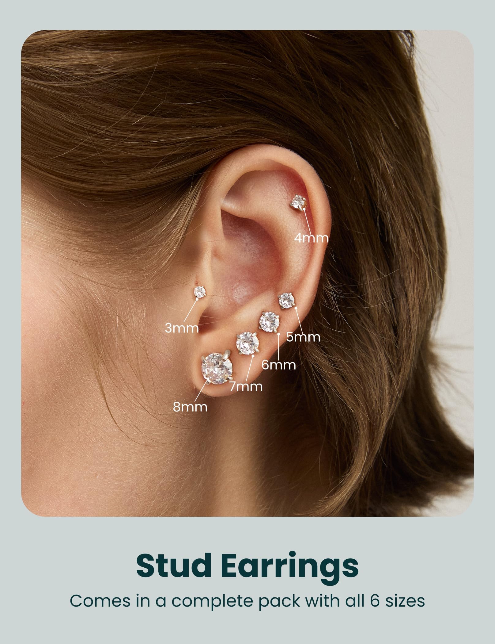 Acefun 6 Pairs Stud Earrings Set, Hypoallergenic Cubic Zirconia 316L Earrings Stainless Steel CZ Earrings 3-8mm