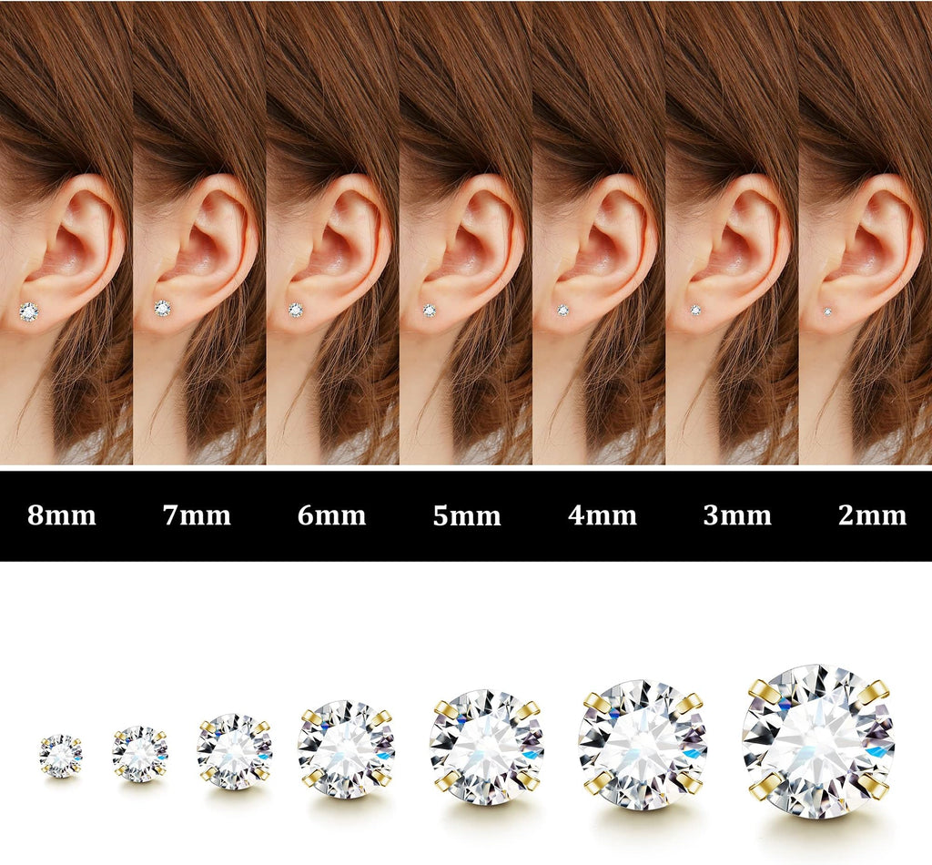 Acefun 20G Hypoallergenic Flat Back Earrings for Women Men Silver 14K Gold Stainless Steel Stud Earrings Brithstone Cubic Zirconia Studs Surgical Steel Cartilage Earrings for Sensitive Ears