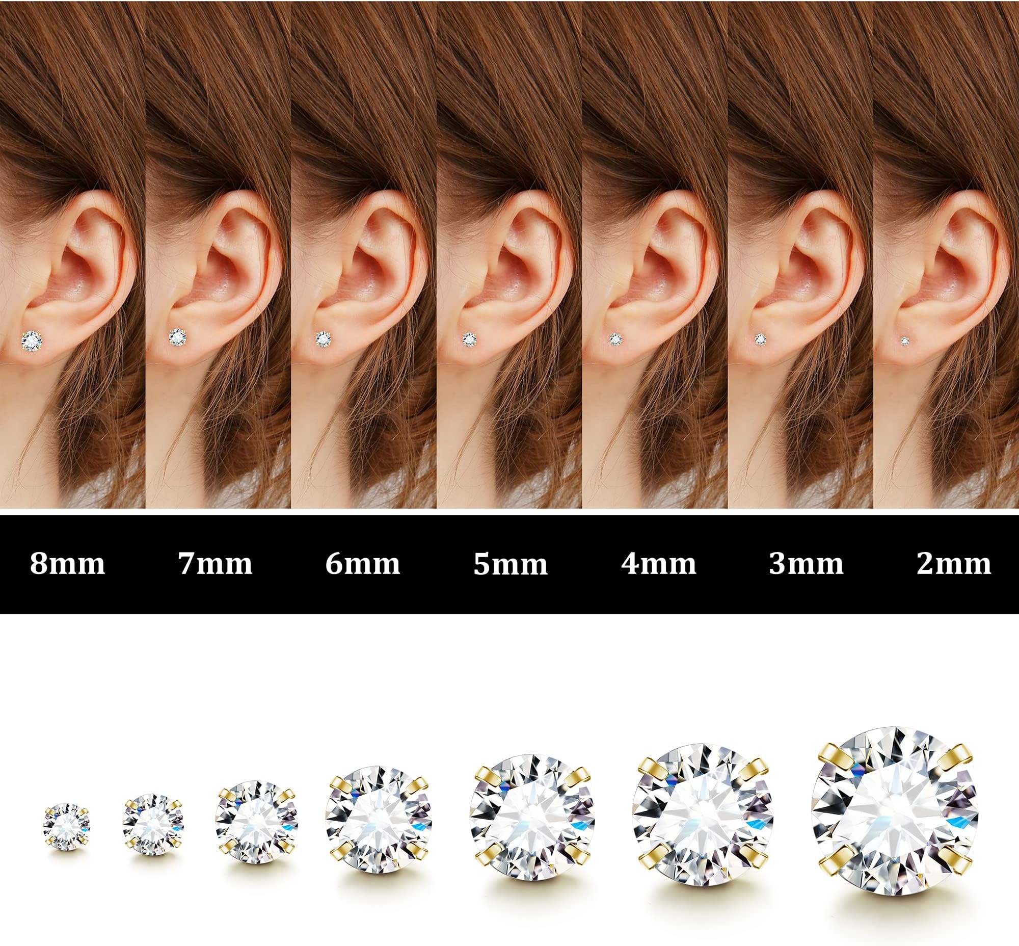 Acefun 20G Hypoallergenic Flat Back Earrings for Women Men Silver 14K Gold Stainless Steel Stud Earrings Brithstone Cubic Zirconia Studs Surgical Steel Cartilage Earrings for Sensitive Ears