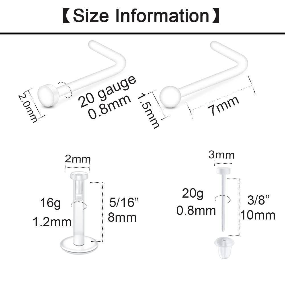 Acefun Clear Nose Studs for Work Clear Nose Rings Piercing Retainer for Surgery Bioflex Plastic Nose Ring Spacers Retainer Jewelry for Septum Lip Earrings
