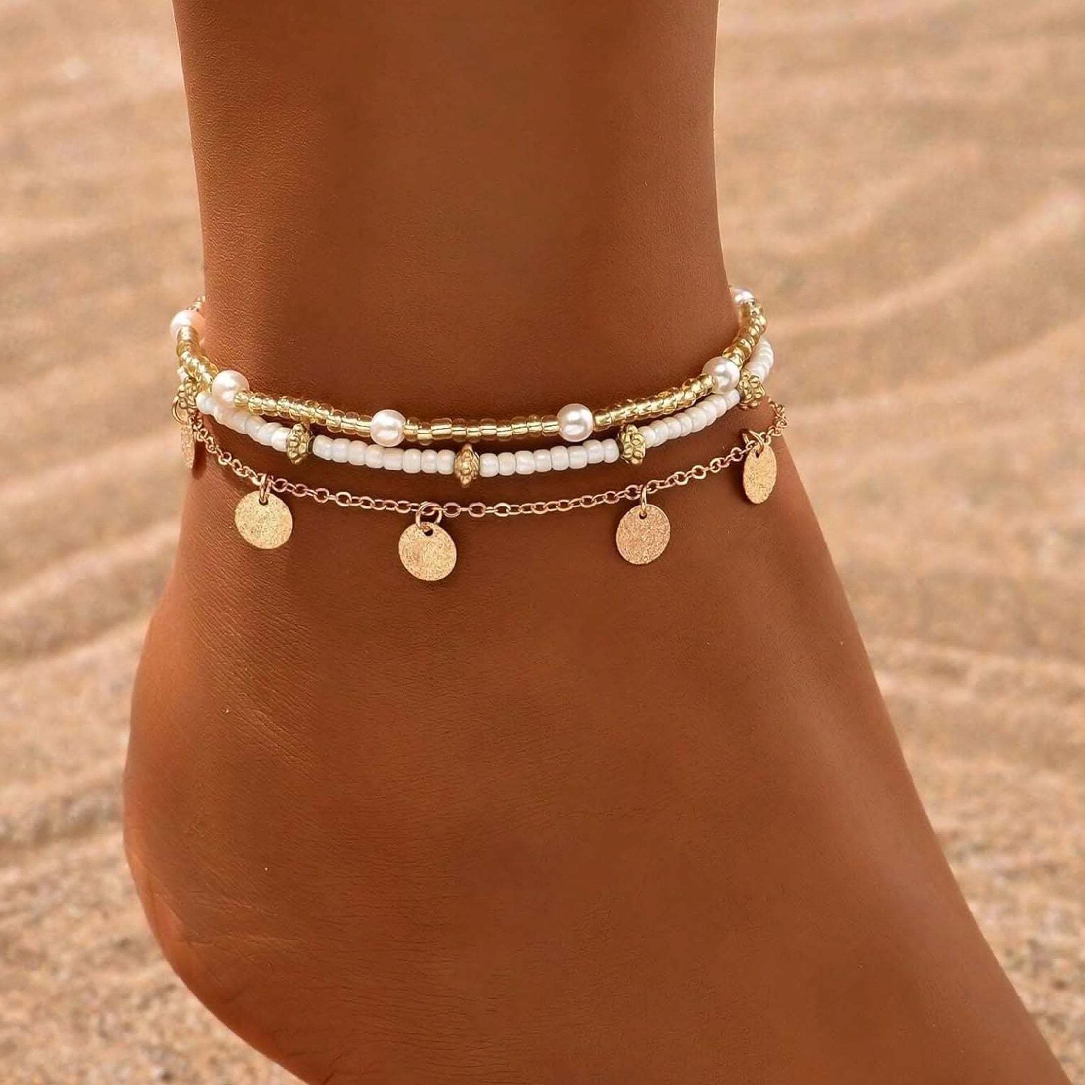Acefun Shell Ankle Bracelet Set for Women, Gold Plated Boho Bead Adjustable Anklet, Hawaiian Beach Seashell Pearl Heart Starfish Conch Foot Jewelry Gifts