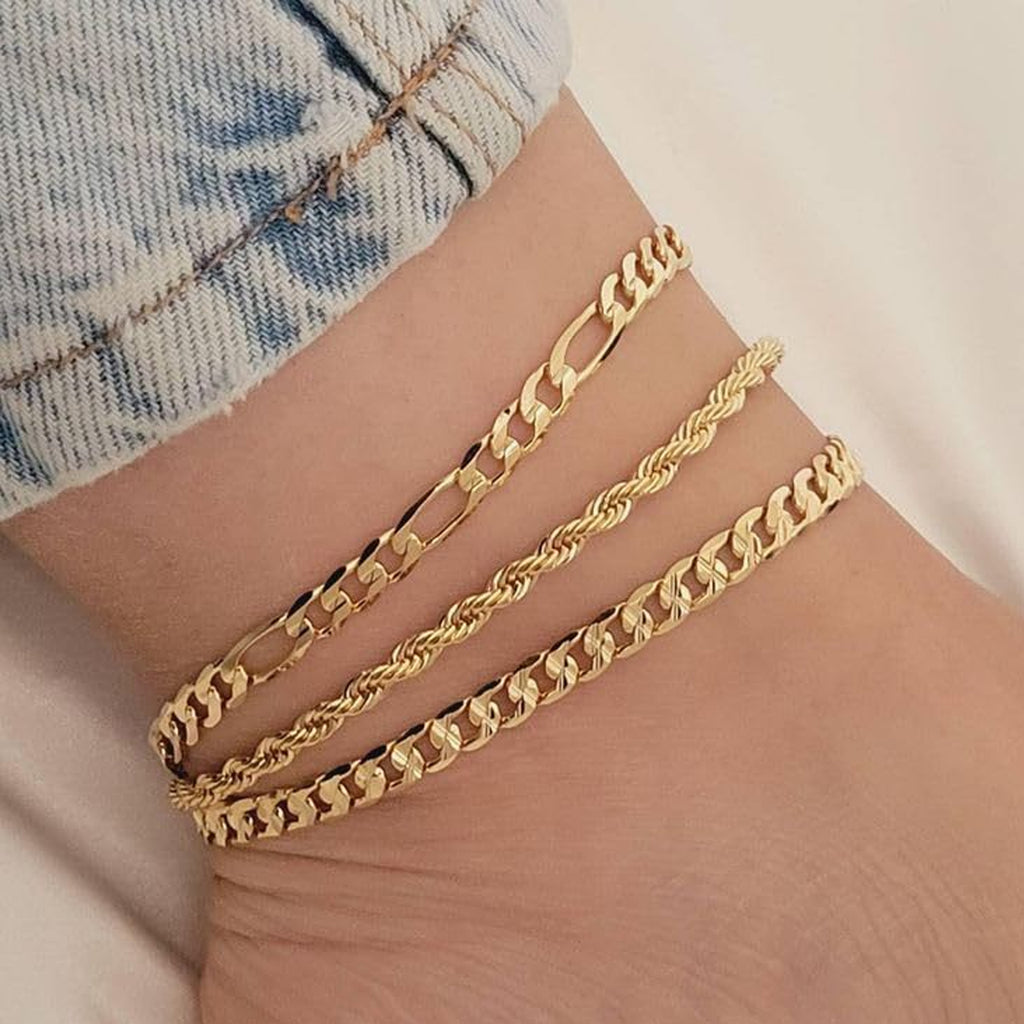 Acefun Gokeey Ankle Bracelets for Women, 14k Gold Plated Jewelry Set Waterproof Layered Cuban Figaro Link Chain Anklets Set Gold Anklets Summer Boho Beach Jewelry Gift Adjustable Size