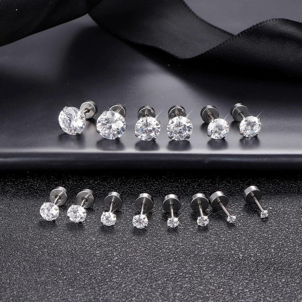 Acefun 20G Hypoallergenic Flat Back Earrings for Women Men Silver 14K Gold Stainless Steel Stud Earrings Brithstone Cubic Zirconia Studs Surgical Steel Cartilage Earrings for Sensitive Ears