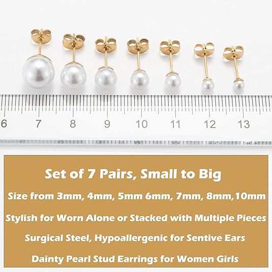Acefun 18K Gold Plated Pearl Stud Earrings Set for Women 7 Sizes 3-10mm Hypoallergenic Pearl Earrings for Sensitive Ears Tiny to Large Pearl Studs for Daily Wear