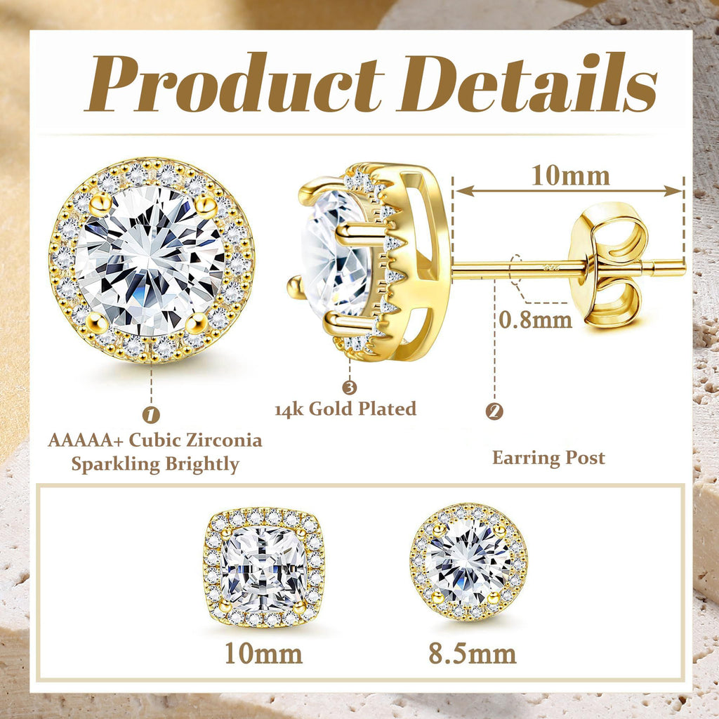 Acefun 18K Gold Plated Halo Stud Earrings Gold Cubic Zirconia Stud Earrings Round Square Diamonique Stud Earrings Set for Women Men