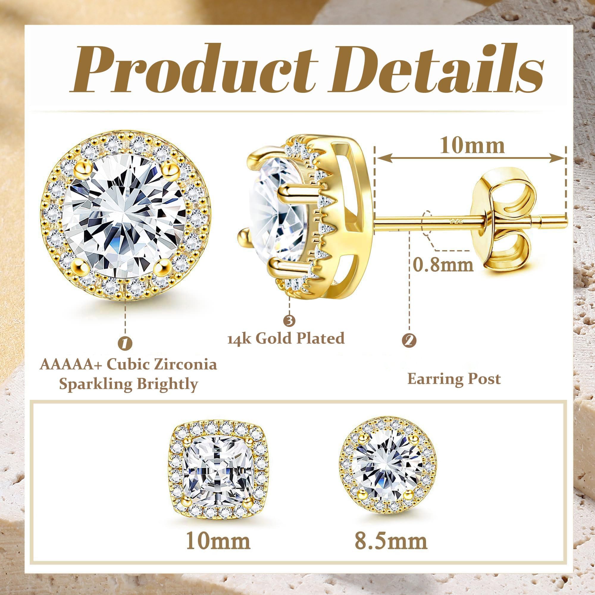 Acefun 18K Gold Plated Halo Stud Earrings Gold Cubic Zirconia Stud Earrings Round Square Diamonique Stud Earrings Set for Women Men