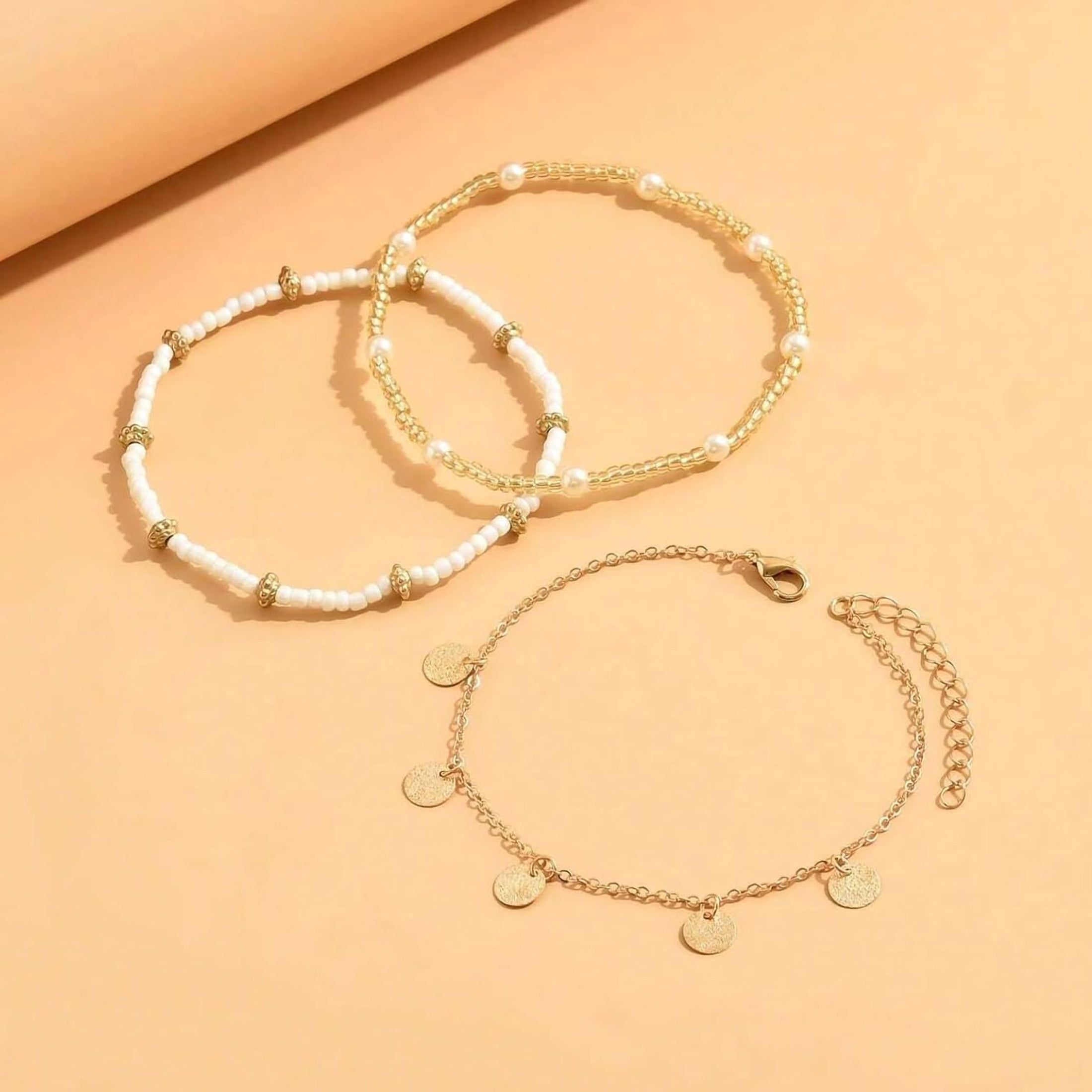 Acefun Shell Ankle Bracelet Set for Women, Gold Plated Boho Bead Adjustable Anklet, Hawaiian Beach Seashell Pearl Heart Starfish Conch Foot Jewelry Gifts