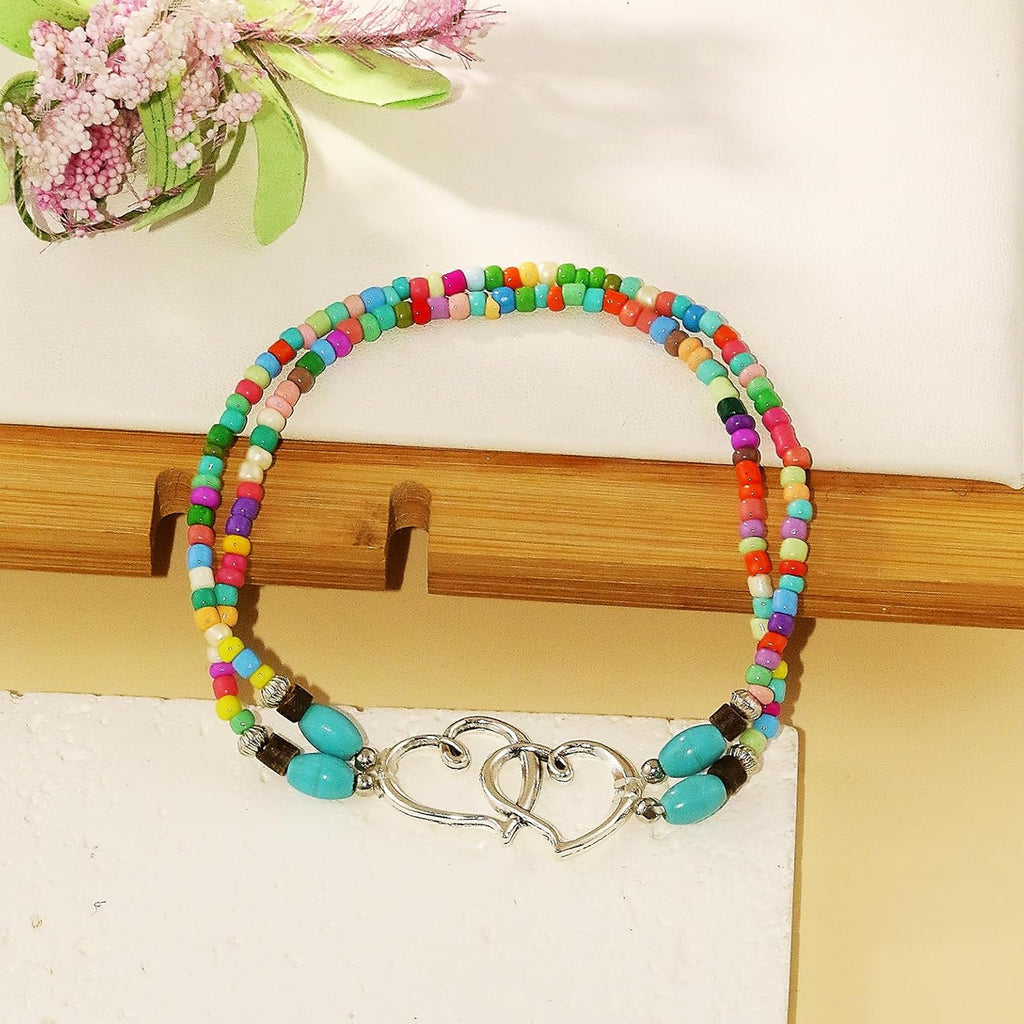 Acefun Elastic Beaded Ankle Bracelets for Women Double Heart Layered Stretch Ankle Bracelets Waterproof Dainty Boho Beaded Anklets for Summer Beach Foot Jewelry