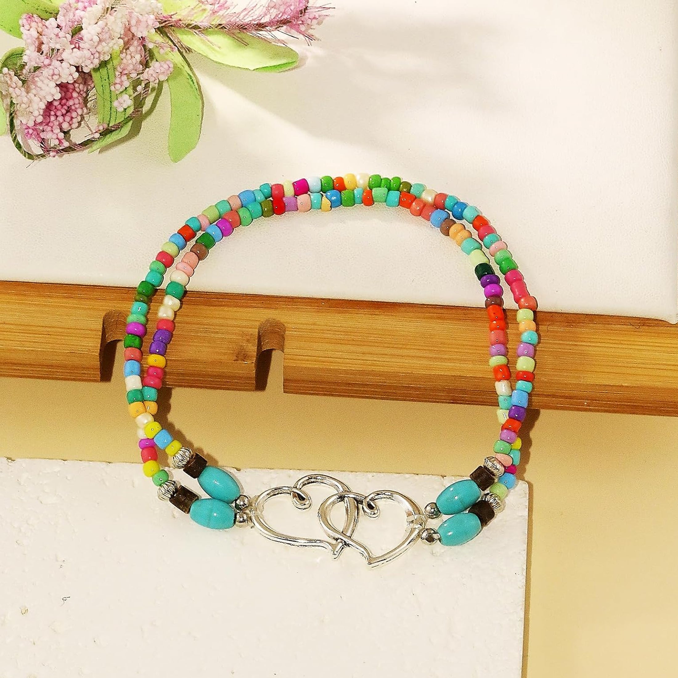 Acefun Elastic Beaded Ankle Bracelets for Women Double Heart Layered Stretch Ankle Bracelets Waterproof Dainty Boho Beaded Anklets for Summer Beach Foot Jewelry