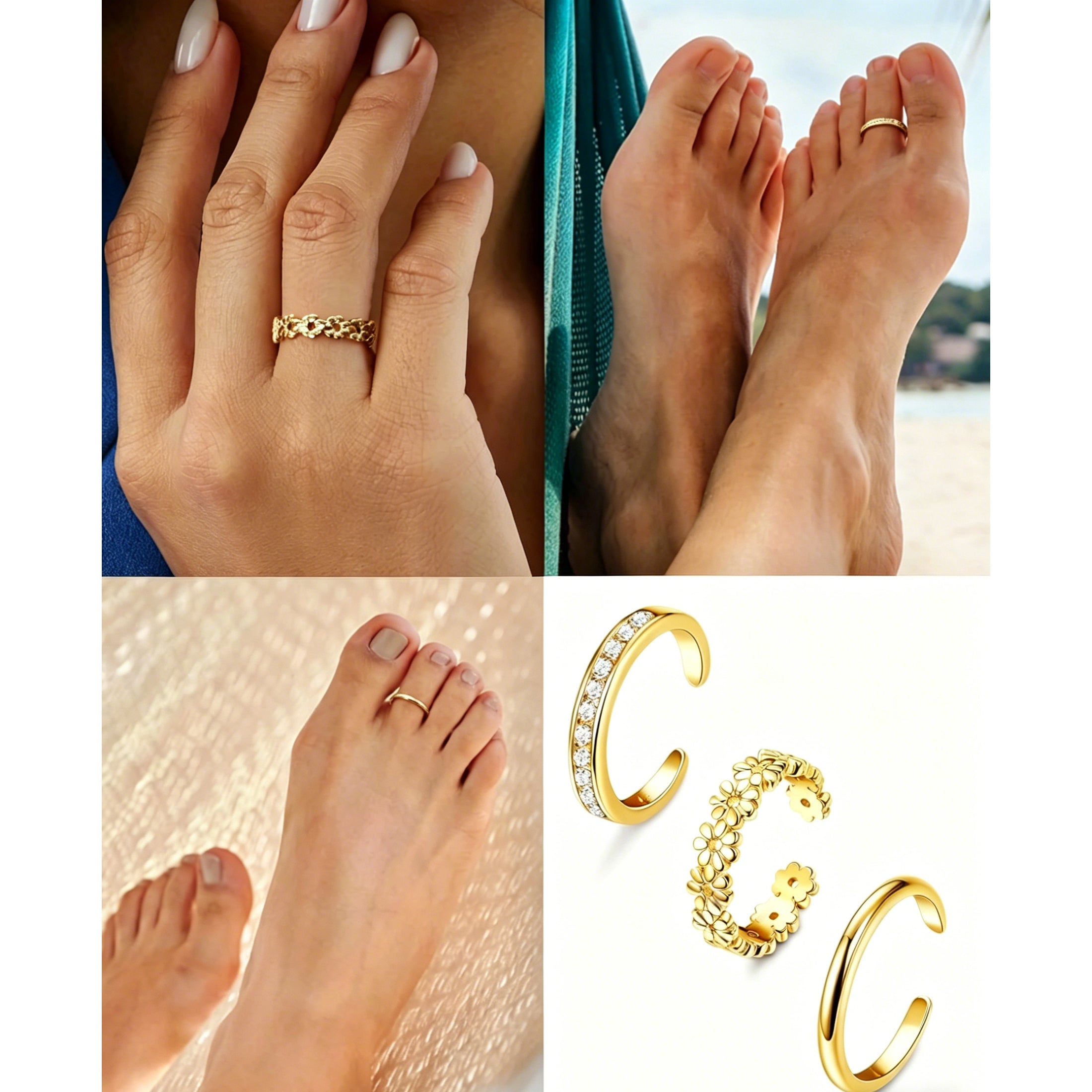Acefun 3Pcs Gold Filled Toe Rings for Women Non Tarnish 14K Gold Filled Toe Ring Adjustable Flower Cz Dainty Toe Ring Summer Beach Open Toe Rings Set Toe Jewelry Foot Jewelry