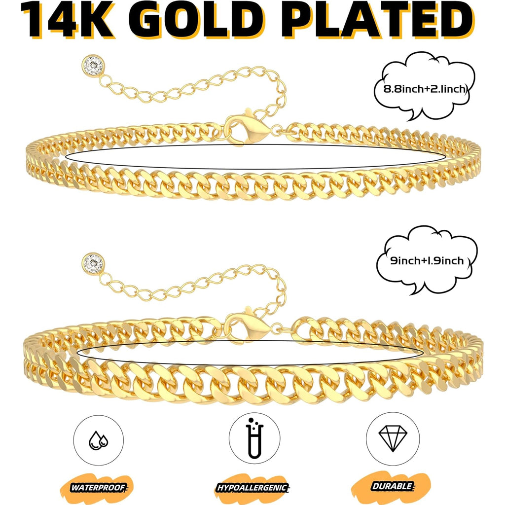 Acefun Gold Ankle Bracelets for Women Waterproof - Dainty Gold Anklets Trendy Layered 14K Gold/Silver Plated Stackable Chunky Cuban Link Chian Anklet Bracelet Set for Women Non Tarnish Jewelry Gift