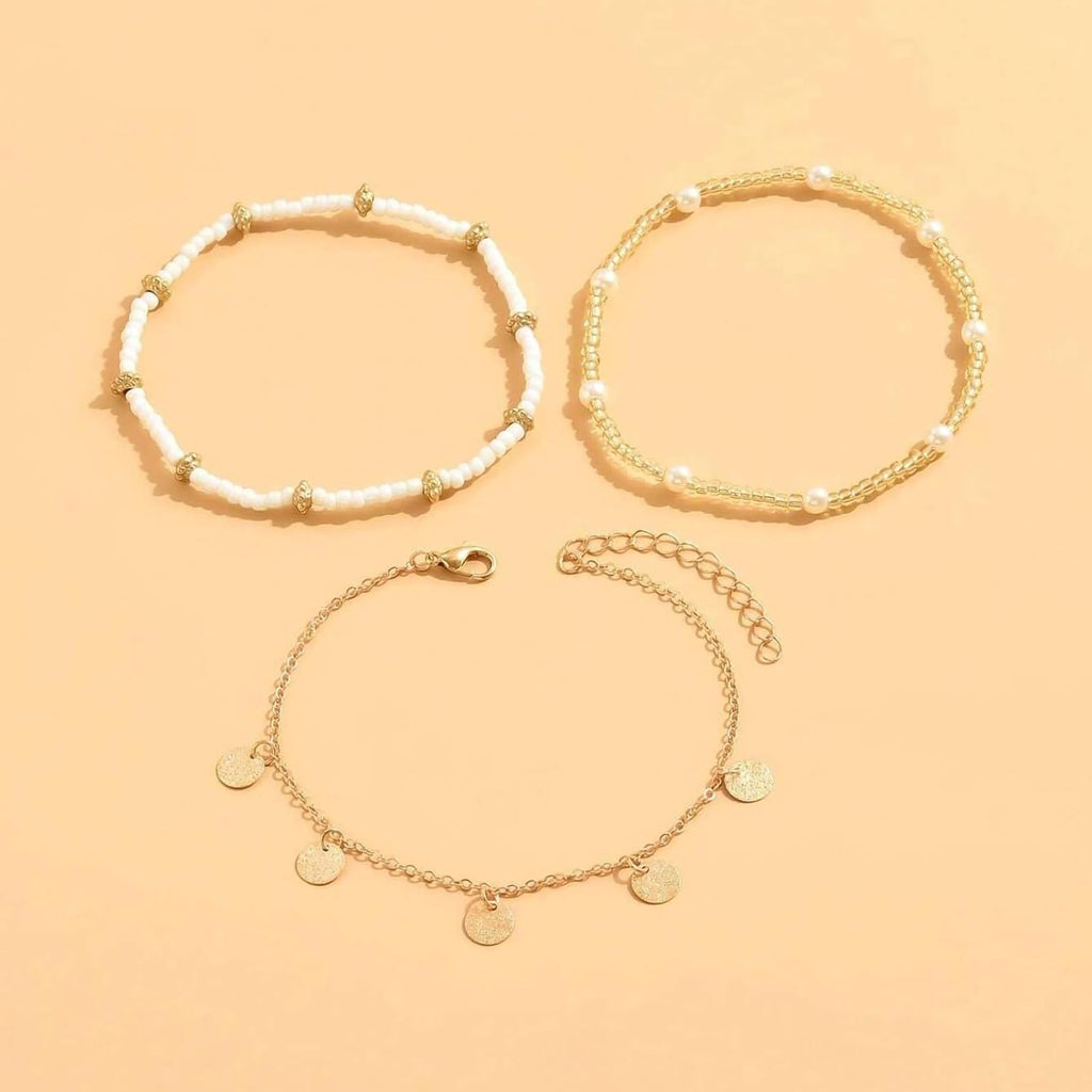 Acefun Shell Ankle Bracelet Set for Women, Gold Plated Boho Bead Adjustable Anklet, Hawaiian Beach Seashell Pearl Heart Starfish Conch Foot Jewelry Gifts