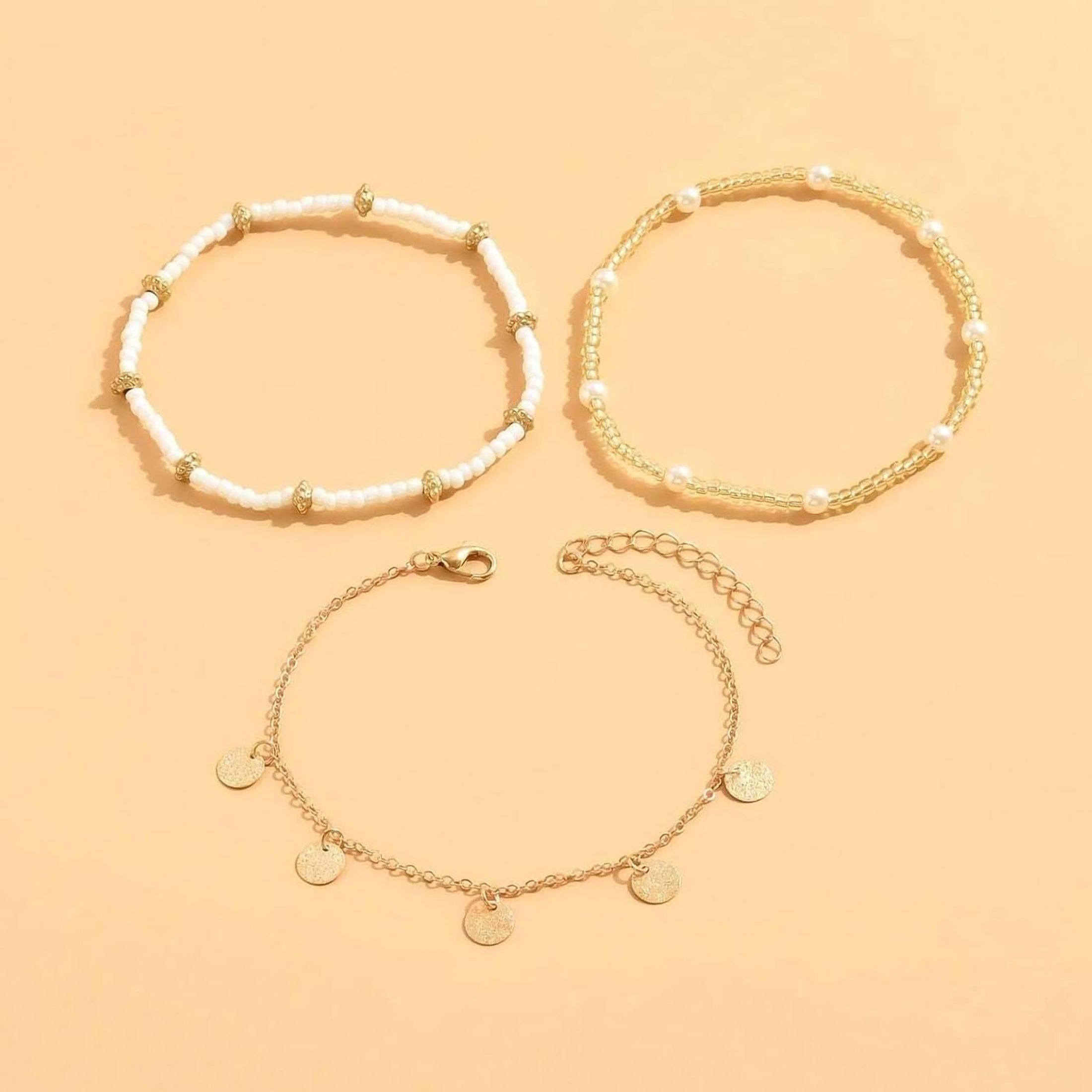 Acefun Shell Ankle Bracelet Set for Women, Gold Plated Boho Bead Adjustable Anklet, Hawaiian Beach Seashell Pearl Heart Starfish Conch Foot Jewelry Gifts