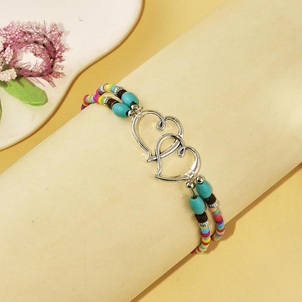 Acefun Elastic Beaded Ankle Bracelets for Women Double Heart Layered Stretch Ankle Bracelets Waterproof Dainty Boho Beaded Anklets for Summer Beach Foot Jewelry