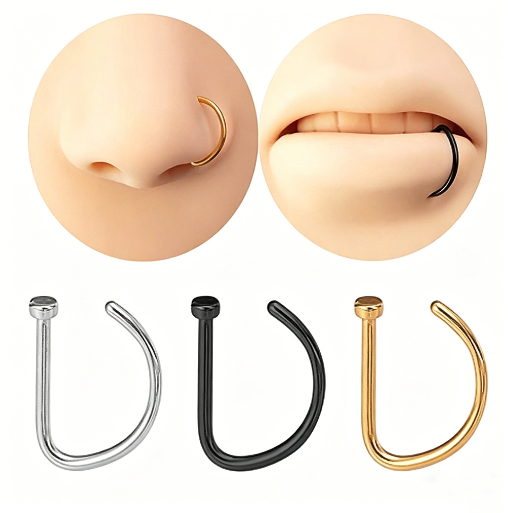Acefun Fake Nose Ring Hoop D Shape Fake Septum Piercing Non Pierced Septum Ring Clip on Lip Rings Faux Earring Stud for Men Faux Lip Piercings Jewelry for Women Halloween Jewelry