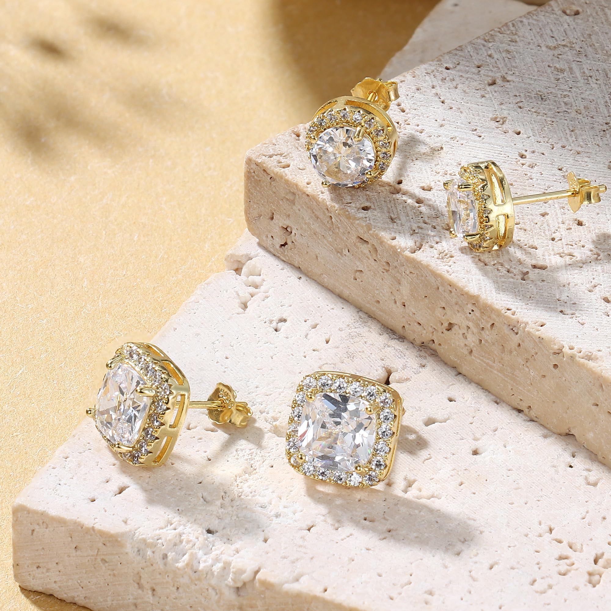 Acefun 18K Gold Plated Halo Stud Earrings Gold Cubic Zirconia Stud Earrings Round Square Diamonique Stud Earrings Set for Women Men