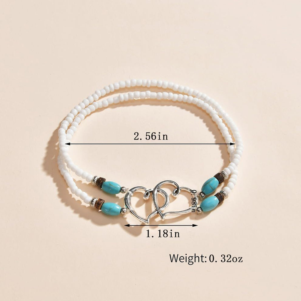 Acefun Elastic Beaded Ankle Bracelets for Women Double Heart Layered Stretch Ankle Bracelets Waterproof Dainty Boho Beaded Anklets for Summer Beach Foot Jewelry