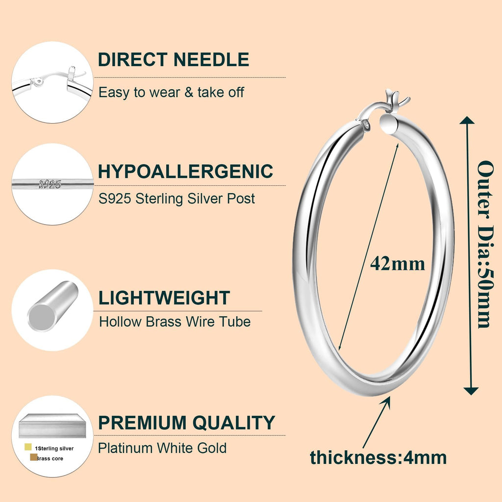 Acefun 4mm Thick Silver Chunky Earrings Steling Silver Post Hoops Earrings For Women Hollow Tube Hoops Earrings Thick Silver Hoop Earrings Hypoallergenic Lightweight Silver Hoop Large Earrings 40MM