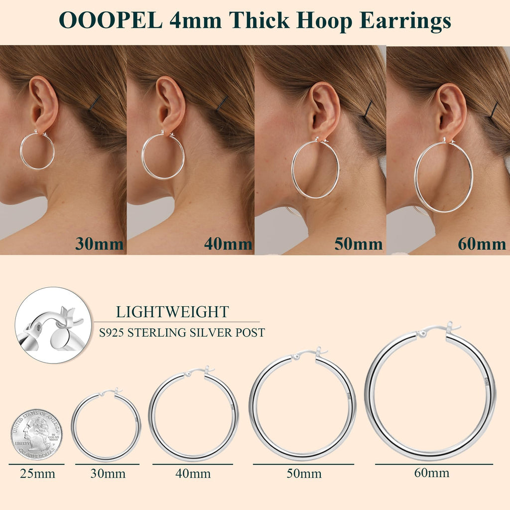 Acefun 4mm Thick Silver Chunky Earrings Steling Silver Post Hoops Earrings For Women Hollow Tube Hoops Earrings Thick Silver Hoop Earrings Hypoallergenic Lightweight Silver Hoop Large Earrings 40MM